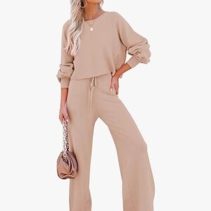 Like New - Light Beige/Pink Knit Jumpsuit with Relaxed Fit and Balloon Sleeves